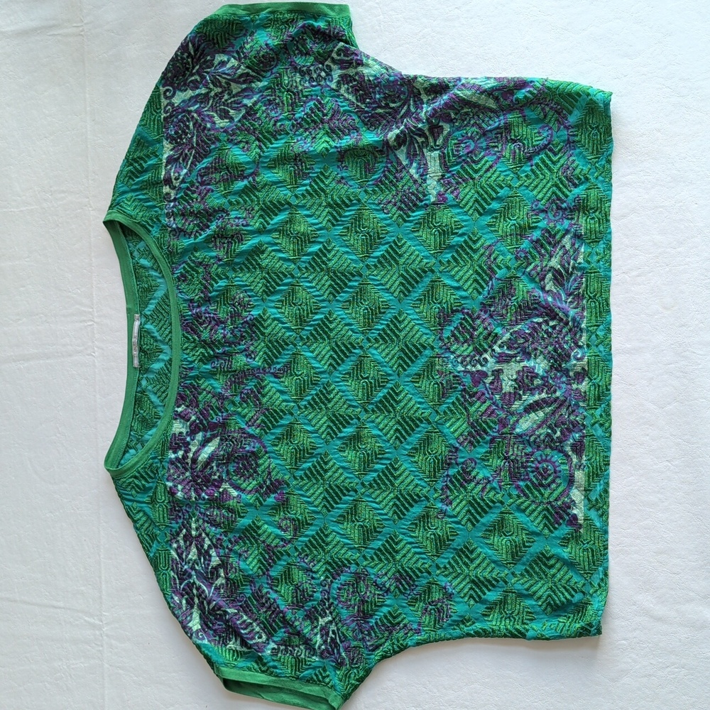 Language 95% Silk All-over Embroidered Flowy Emerald Green Blouse Women's Size L